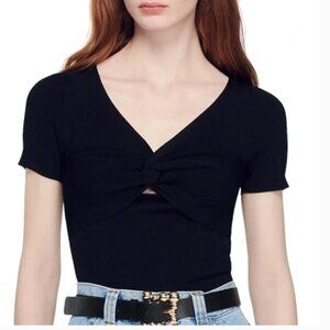 Sandro Paris Black Twisted Short-Sleeve Crop Top